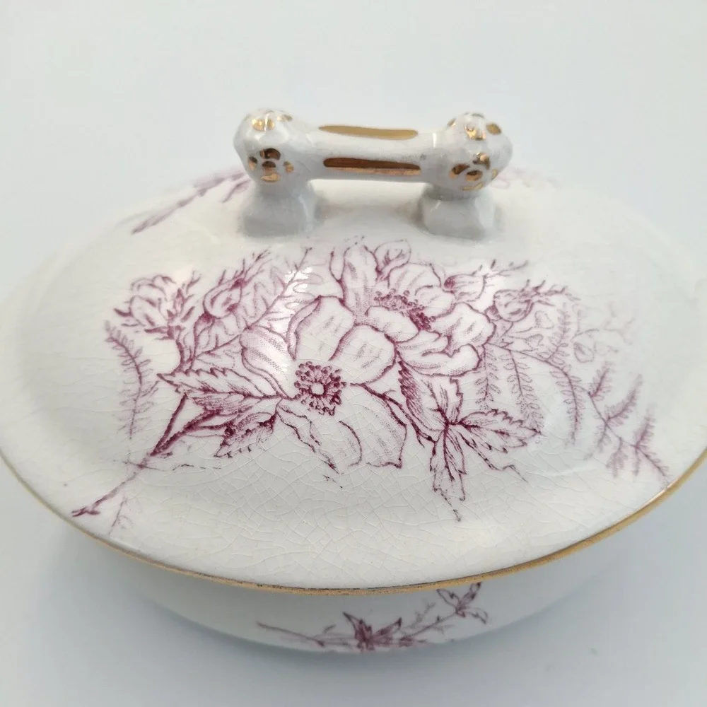 Antique J & E Mayer Stone China Mulberry Transferware Lidded Soap Dish‎ / Vanity